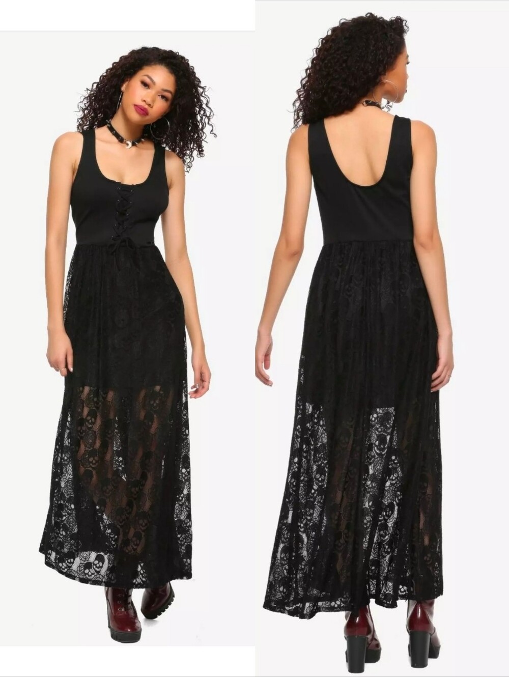 Hot Topic 2020 Black Lace-Up Skull Lace Hrung Goth Maxi Dress S NEW